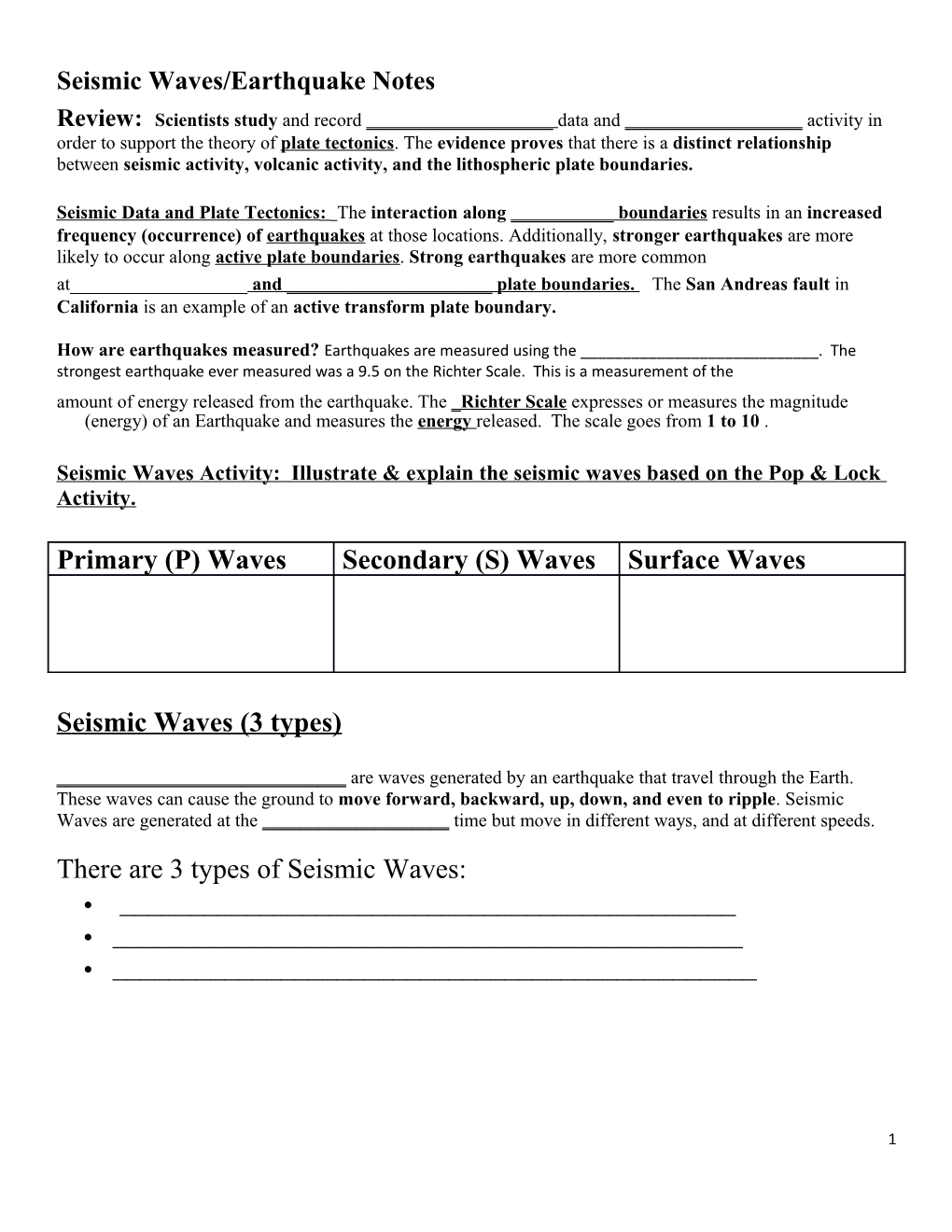 Seismic Waves/Earthquake Notes