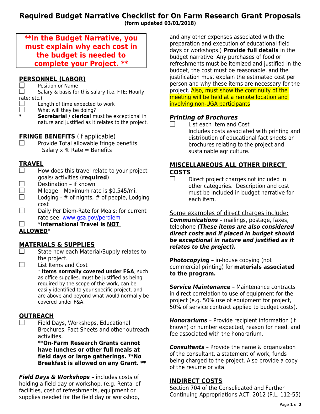 Required Budget Narrativechecklist for on Farm Research Grant Proposals