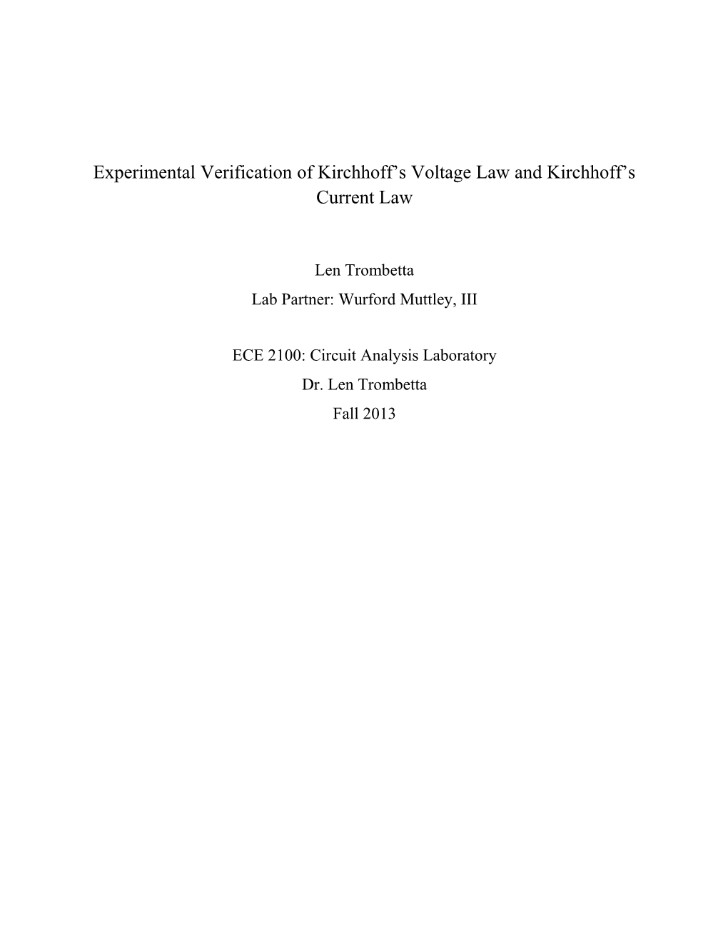 Experimental Verification of Kirchhoff S Voltage Law and Kirchhoff S Current Law