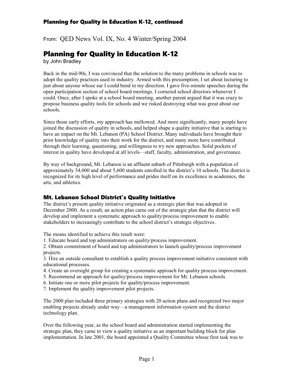 Planning for Quality in Education K-12