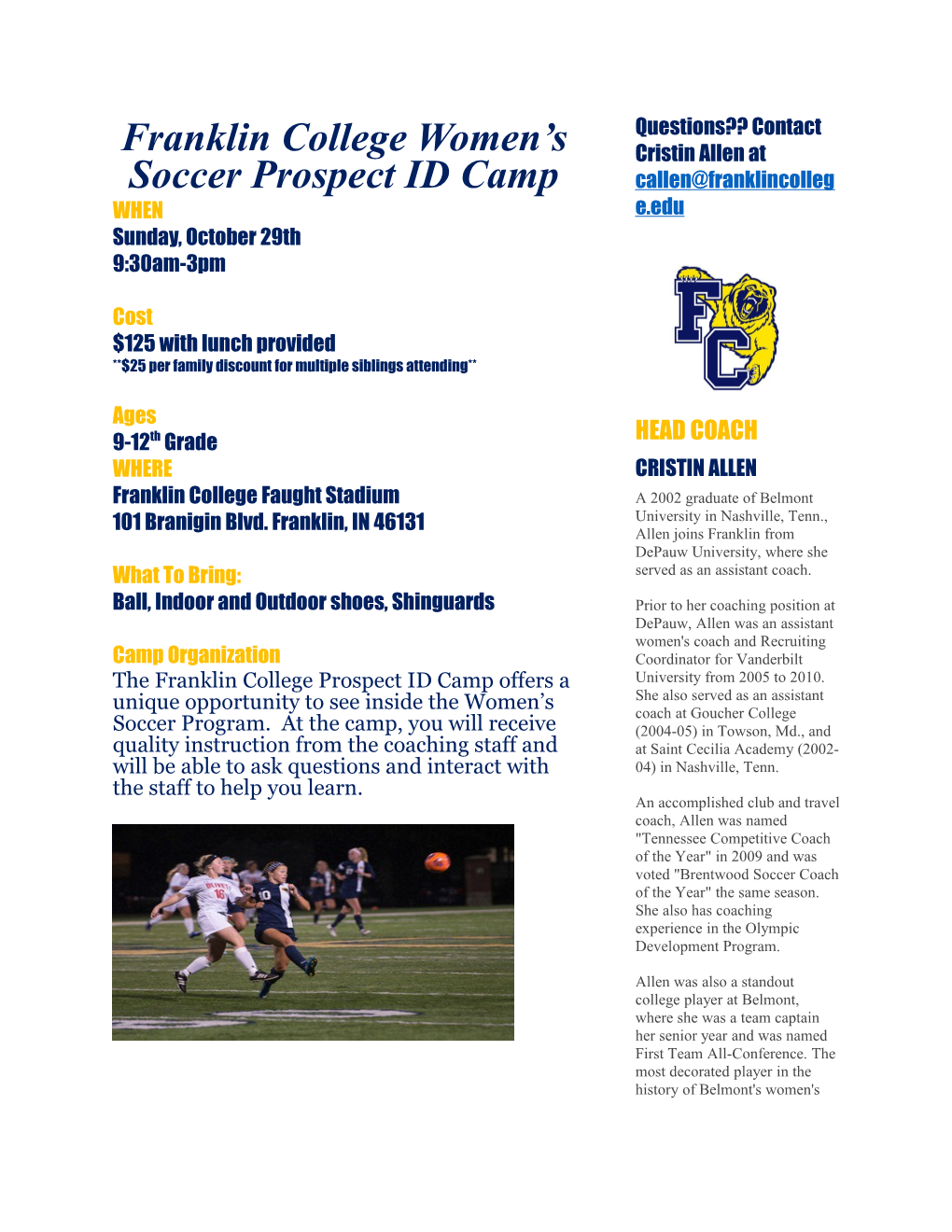 Franklin College Women S Soccer Prospect ID Camp