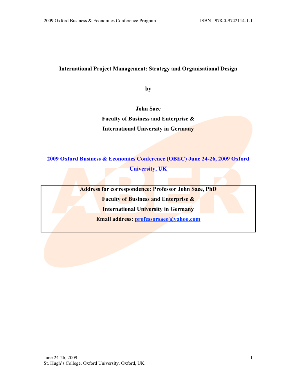 International Project Management: Strategy and Organisational Design