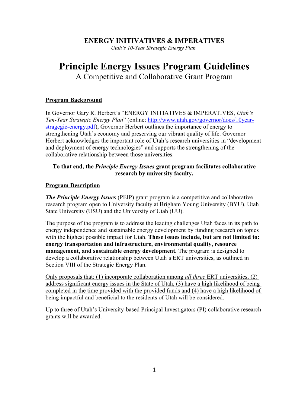 Principle Energy Issues Program Guidelines