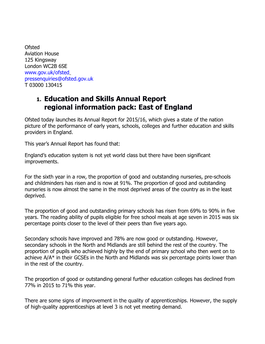 Education and Skills Annual Report Regional Information Pack: East of England
