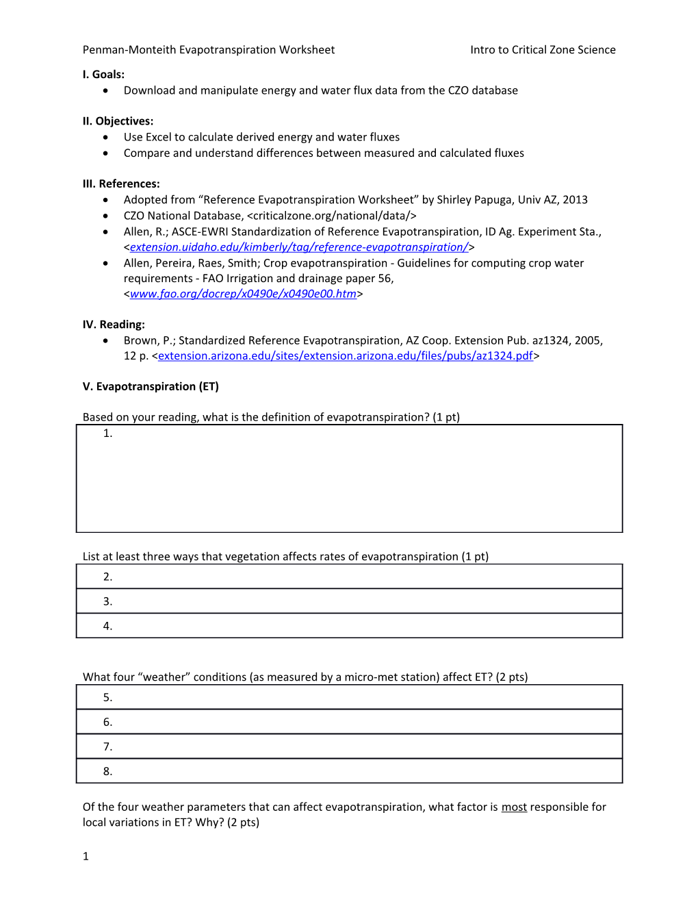 Penman-Monteith Evapotranspiration Worksheetintro to Critical Zone Science