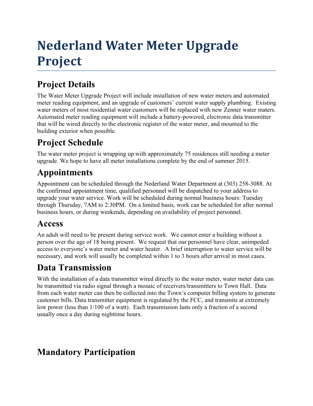 Nederland Water Meter Upgrade Project