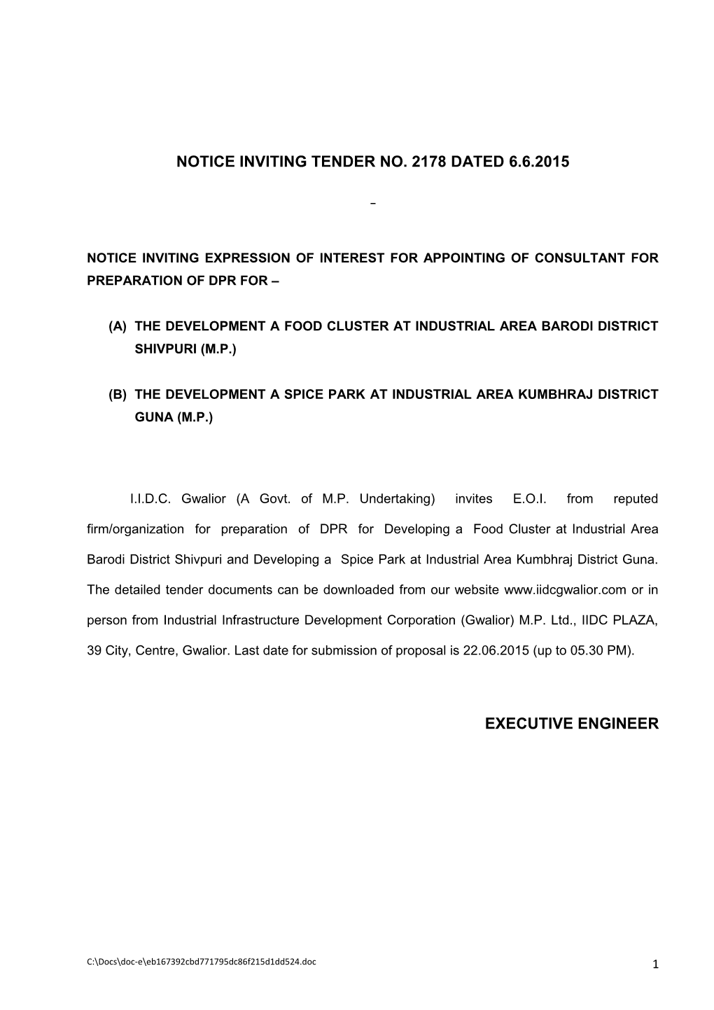 Notice Inviting Tender No. 2178 Dated 6.6.2015