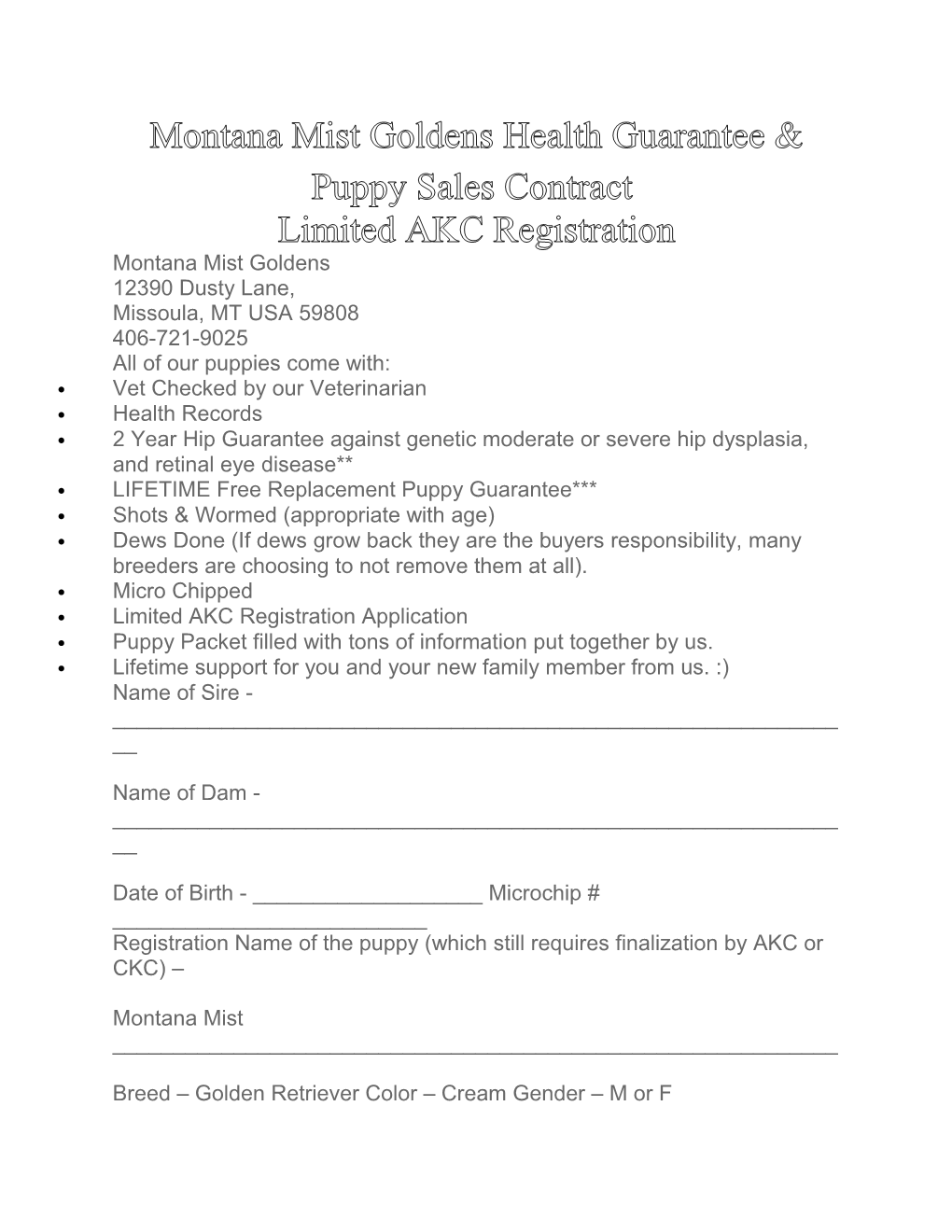 Montana Mist Goldens Health Guarantee & Puppy Sales Contract
