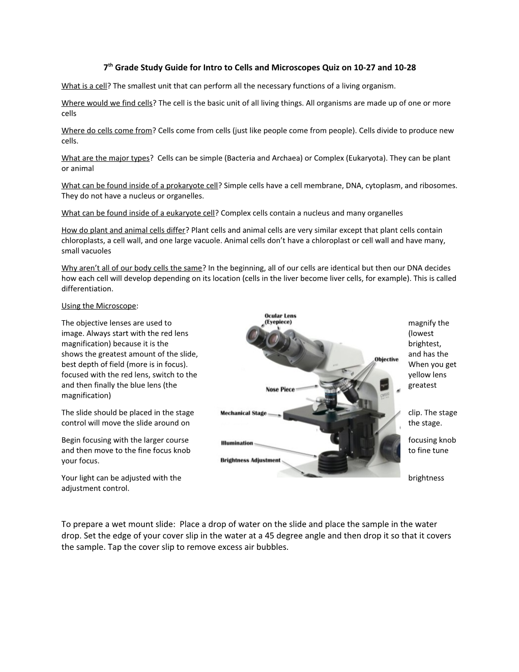 7Th Grade Study Guide for Intro to Cells and Microscopes Quiz on 10-27 and 10-28