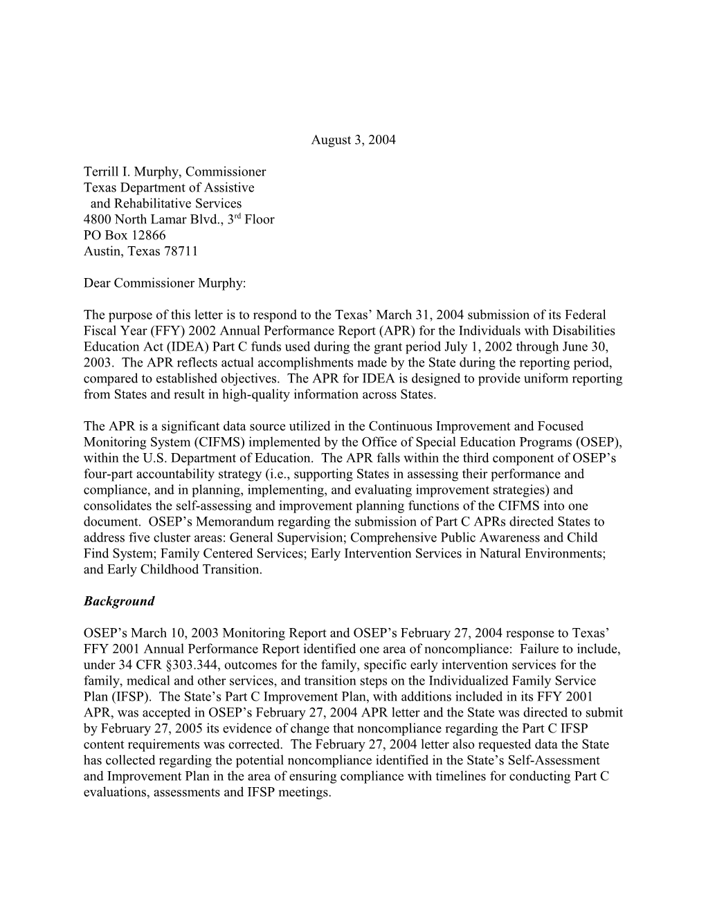 Texas Part C APR Letter, 2002-2003 (MS Word)