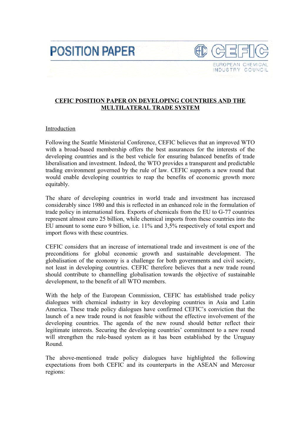 Draft Cefic Position Paper on Developing Countries and the Multilateral Trade System