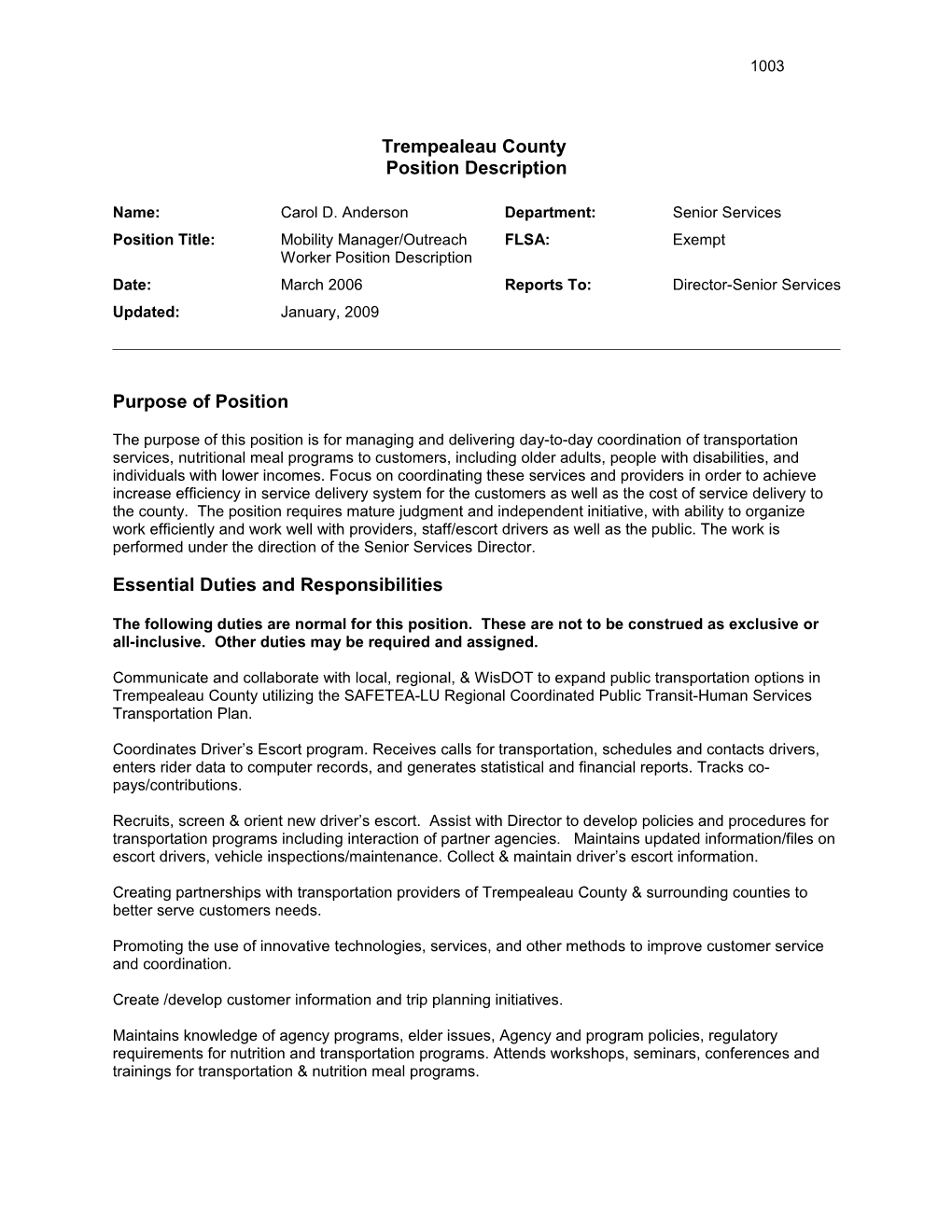 Mobility Manager/Outreach Worker Position Description 1003
