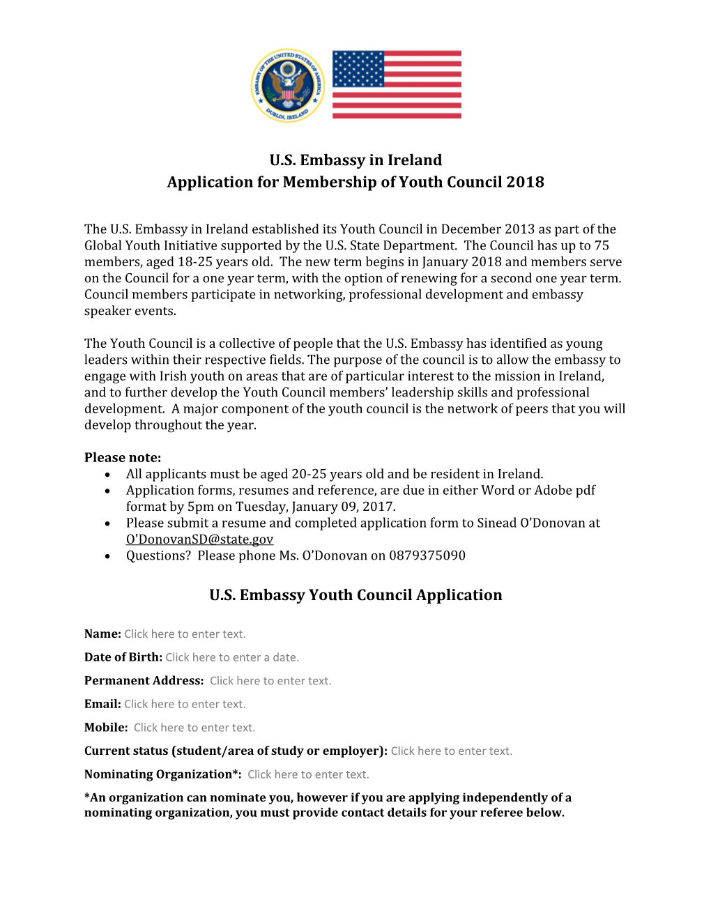 U.S. Embassy in Ireland Application for Membership of Youth Council2018