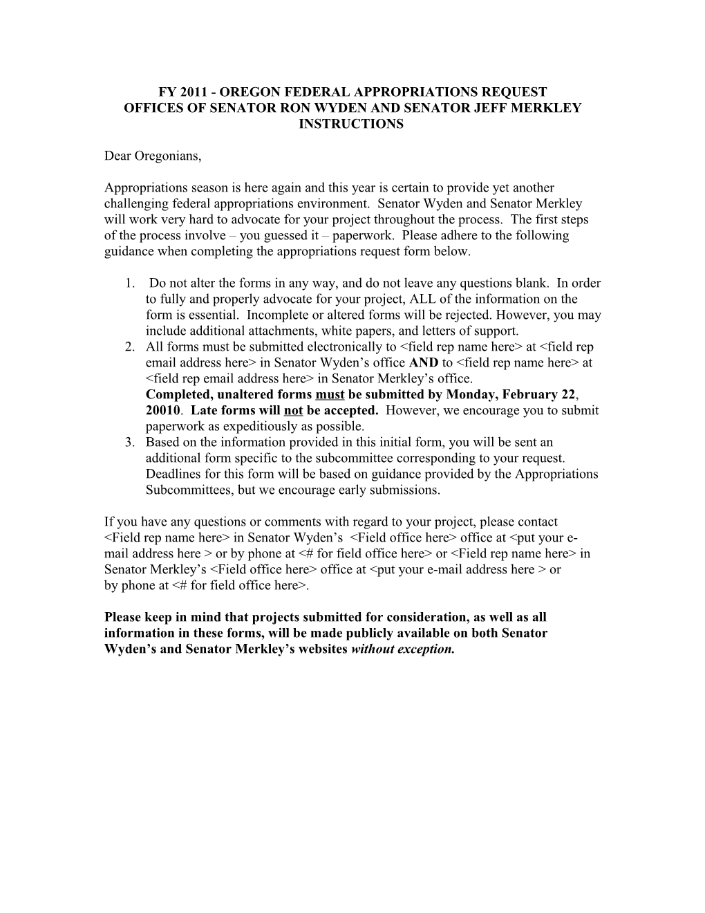 Fy 2008 - Oregon Federal Appropriations Request