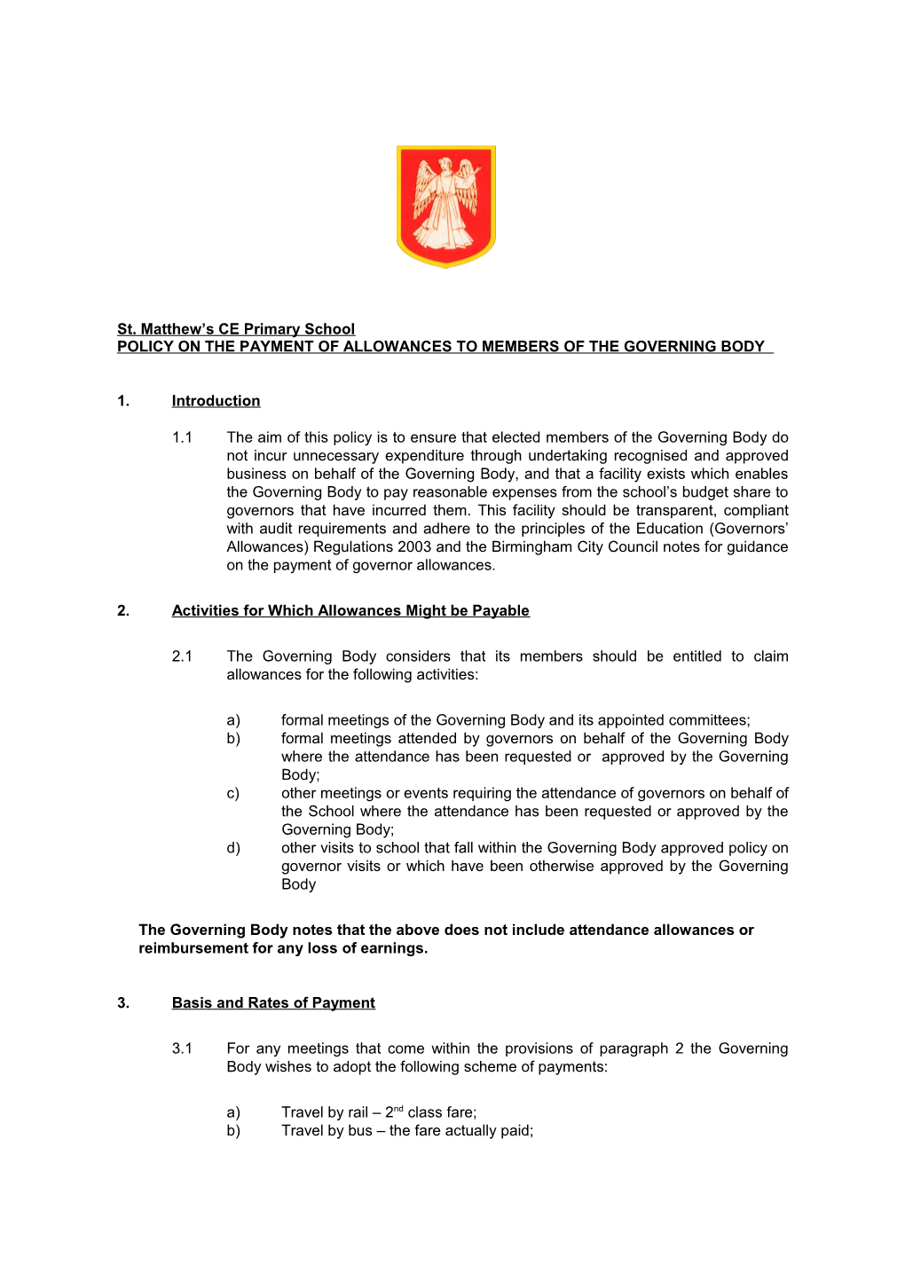Policy on the Payment of Allowances to Members of the Governing Body