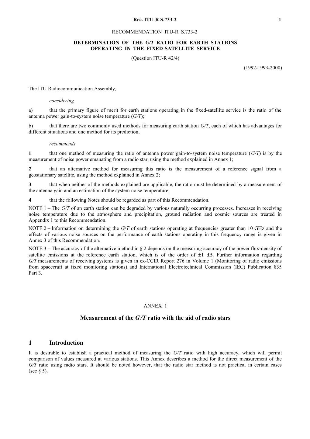 S.733-2 - Determination of the G/T Ratio for Earth Stations Operating in the Fixed-Satellite