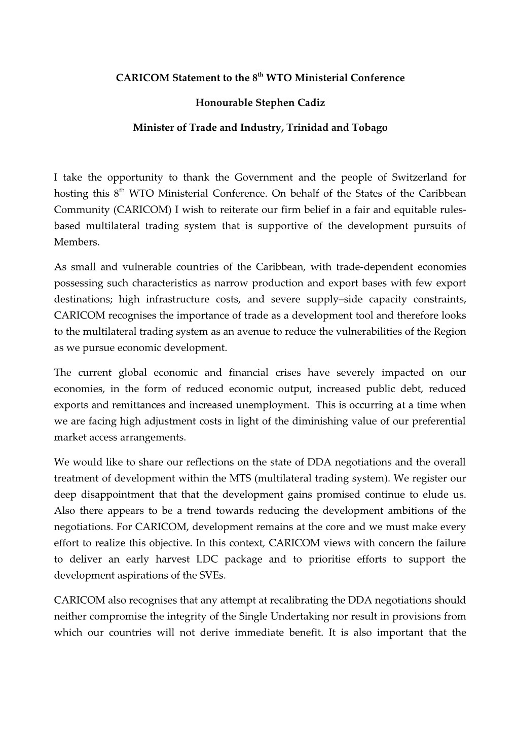 CARICOM Statement to the 8Th WTO Ministerial Conference