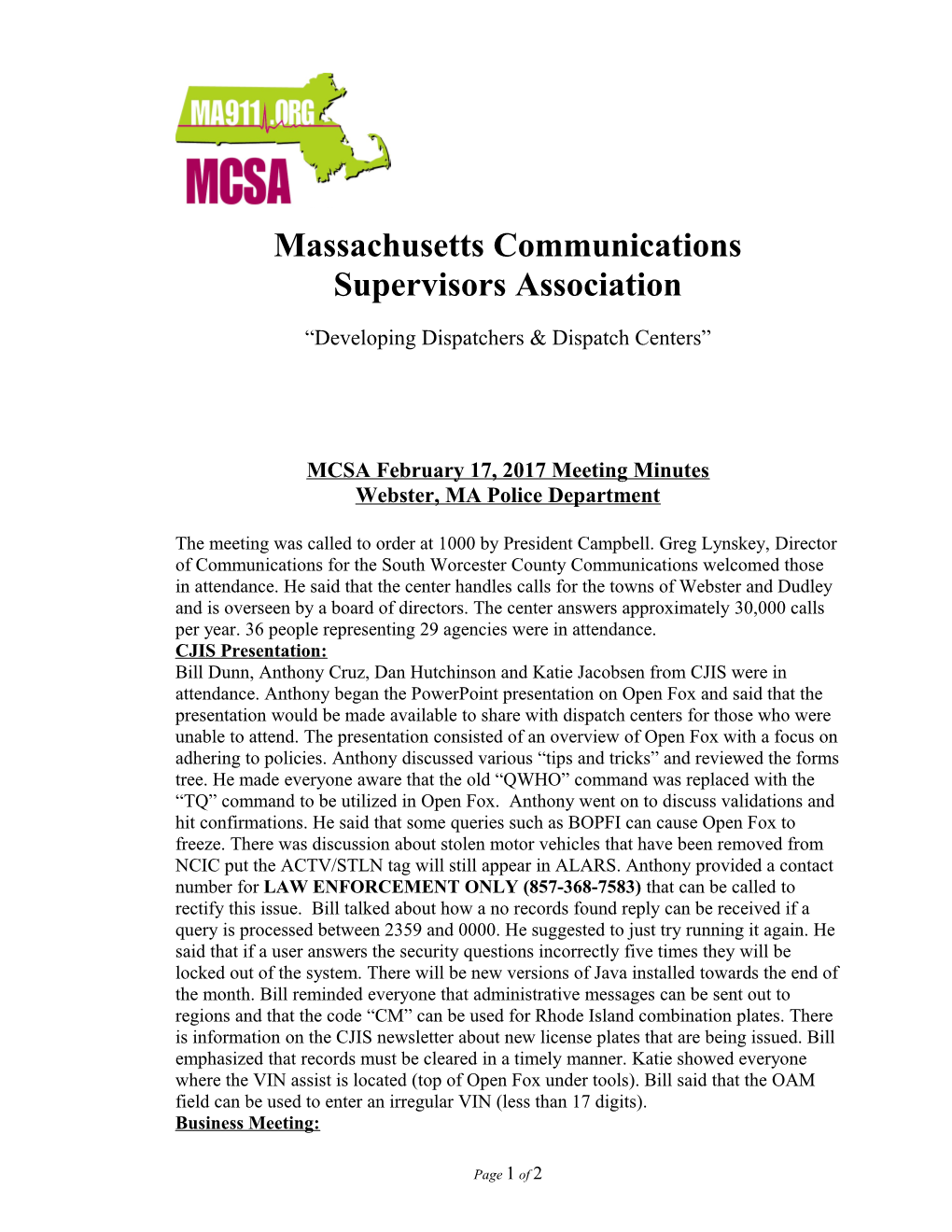 MCSA February 17, 2017 Meeting Minutes