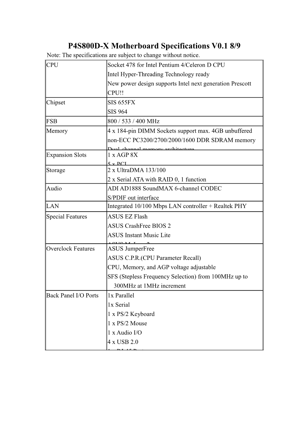 P4S800D-X Motherboard Specifications V0.1 8/9