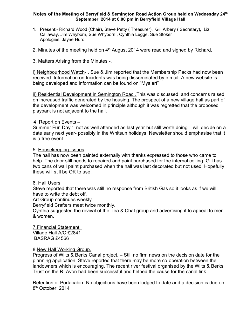 Notes of the Meeting of Berryfield & Semington Road Action Group Held on 11Th August 2009