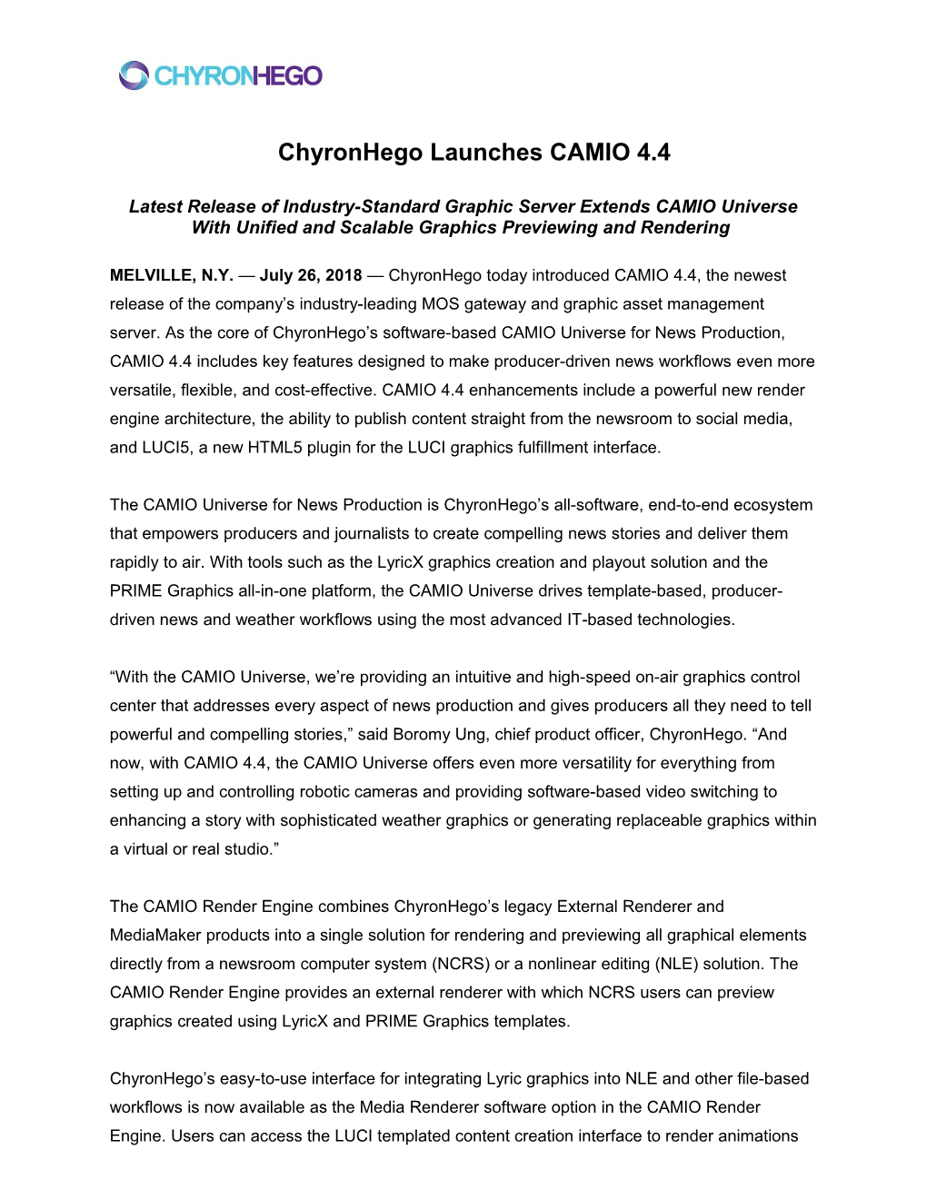Chyronhego Launches CAMIO 4.4