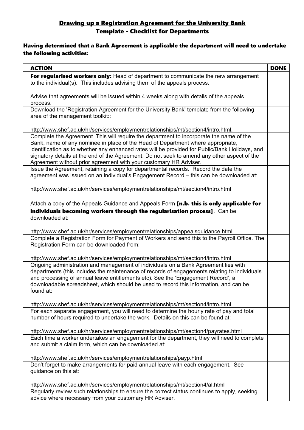 Checklist for Departments Drawing up a Registration Agreement for the University Bank Template