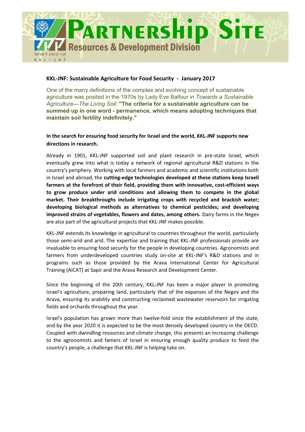 KKL-JNF:Sustainable Agriculture for Food Security - January 2017