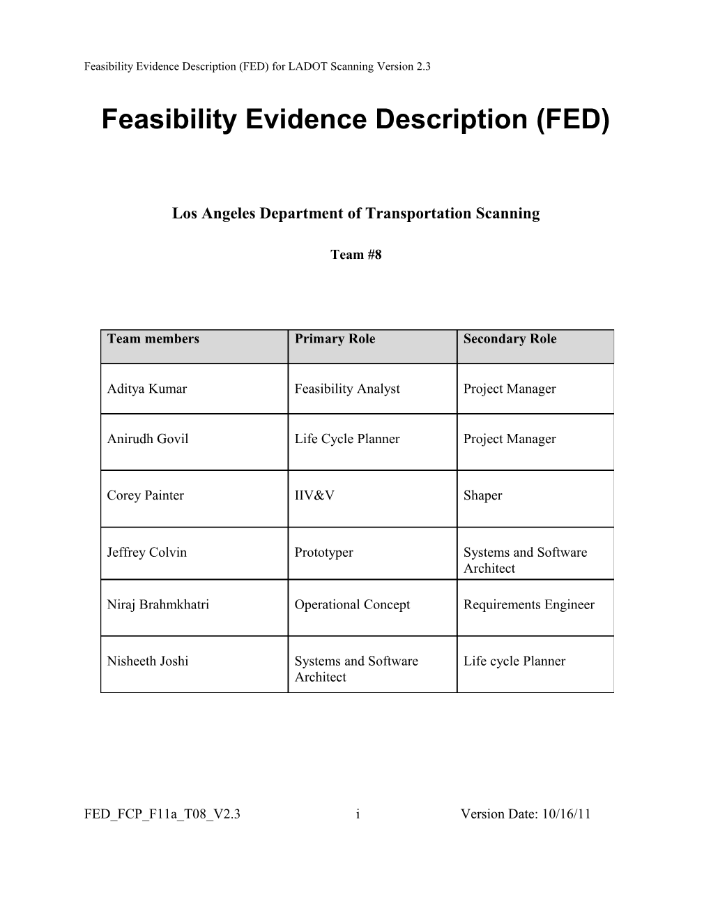 Feasibility Evidence Description (FED) for LADOT Scanningversion 2.3