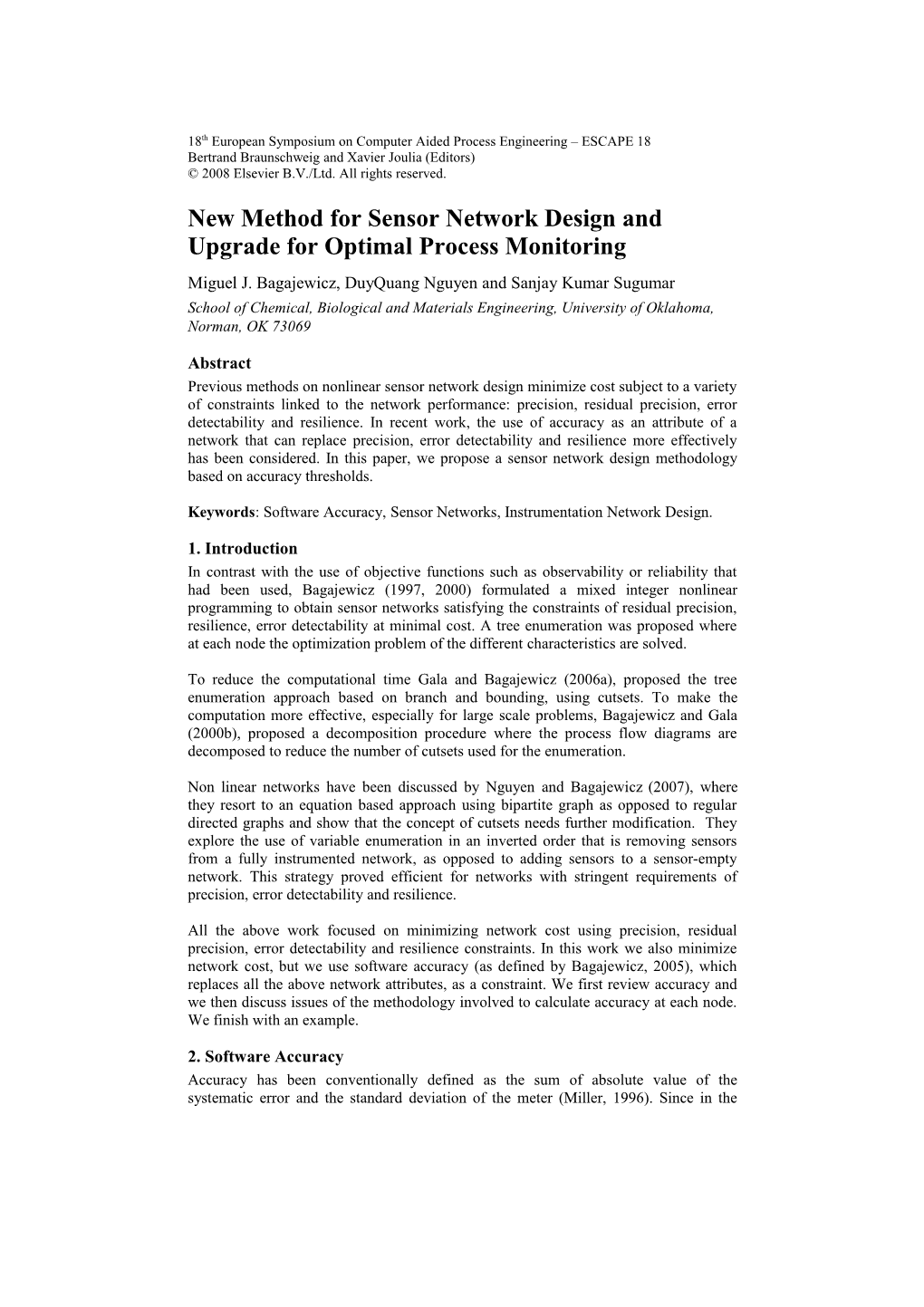 New Method for Nonlinear Sensor Network Design Bagajewicz Et Al
