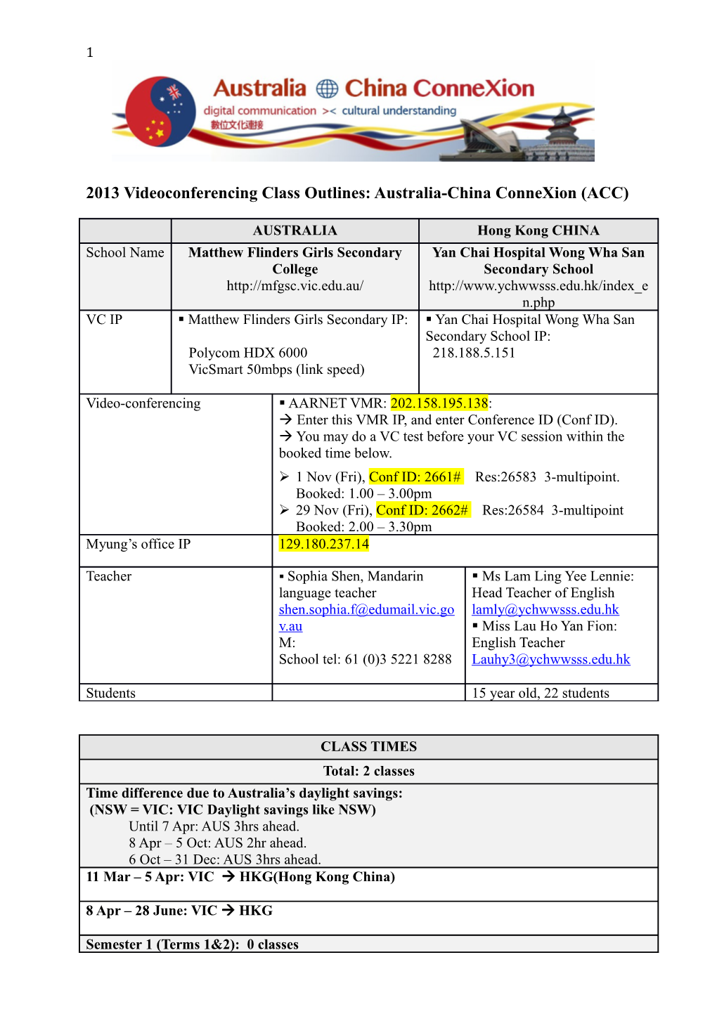 2013 Videoconferencing Class Outlines: Australia-China Connexion (ACC)