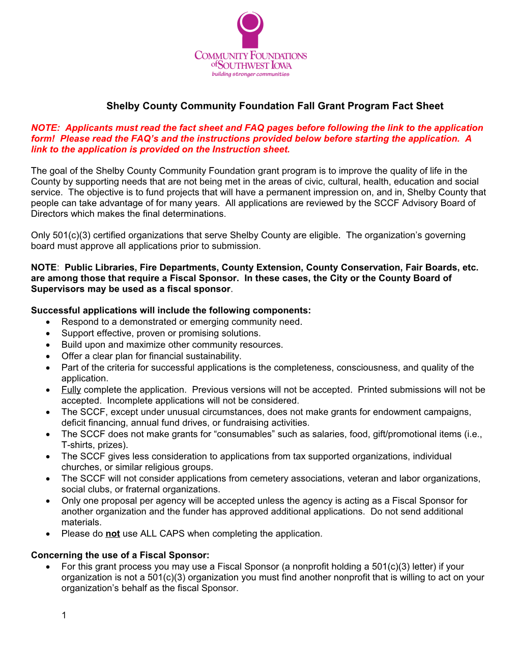 Shelby County Community Foundation Fall Grant Program Fact Sheet