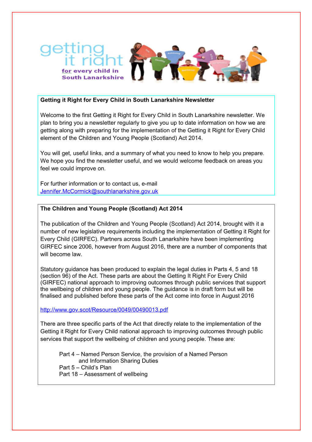 Getting It Right for Every Child in South Lanarkshire Newsletter