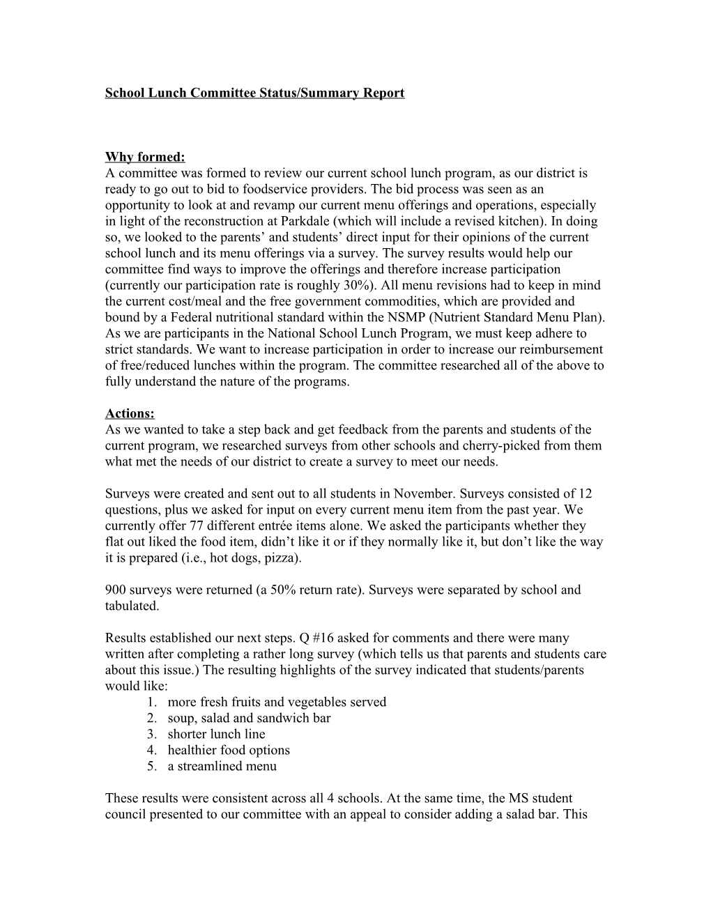 School Lunch Committee Status/Summary Report