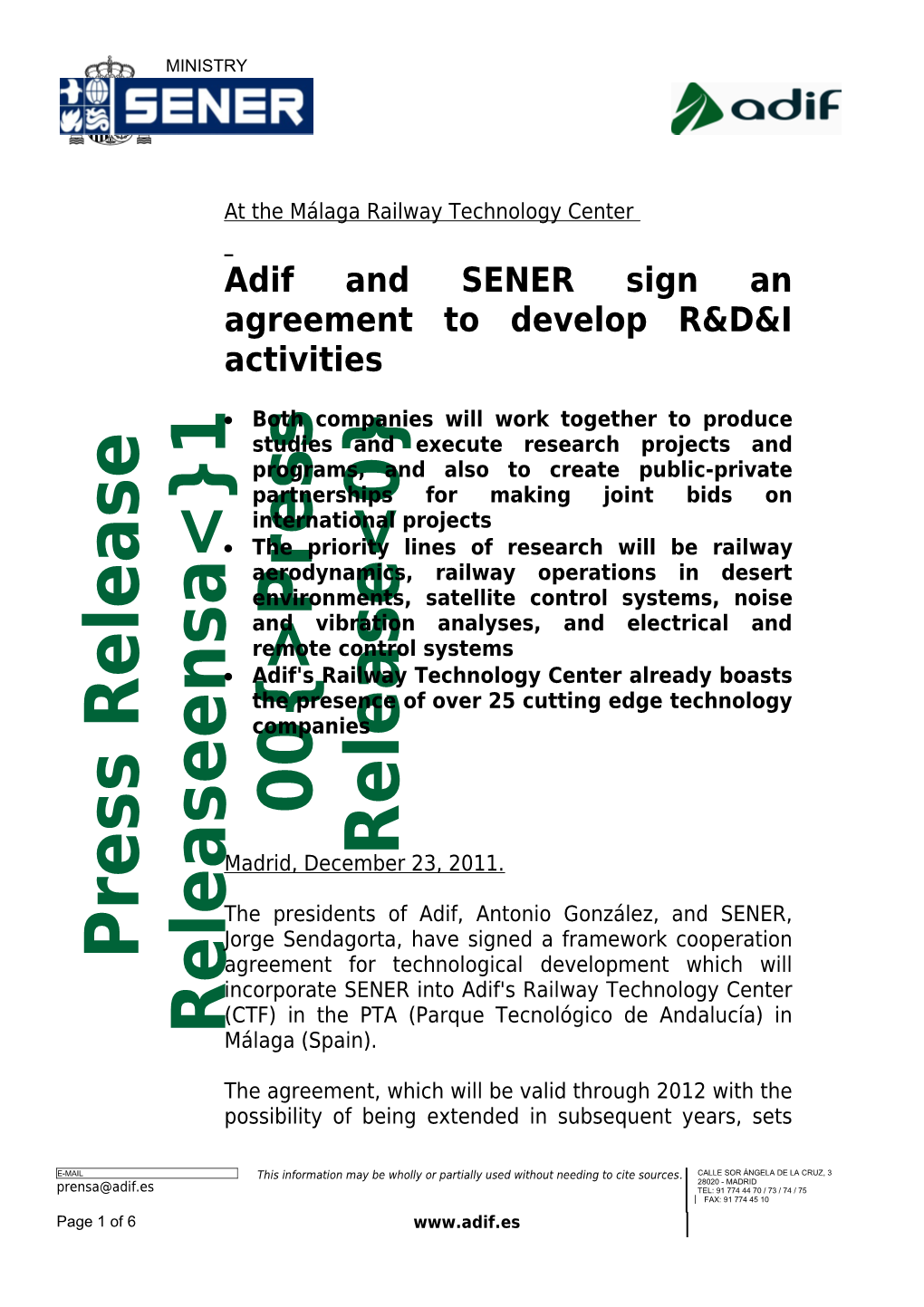 Adif and SENER Sign an Agreement to Develop R&D&I Activities