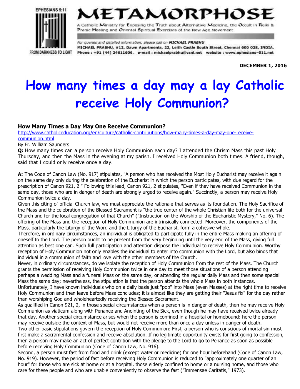 How Many Times a Day May One Receive Communion?