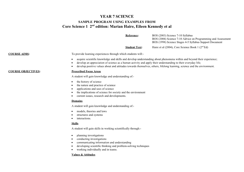 Year 7 Sample Program - Using Core Science