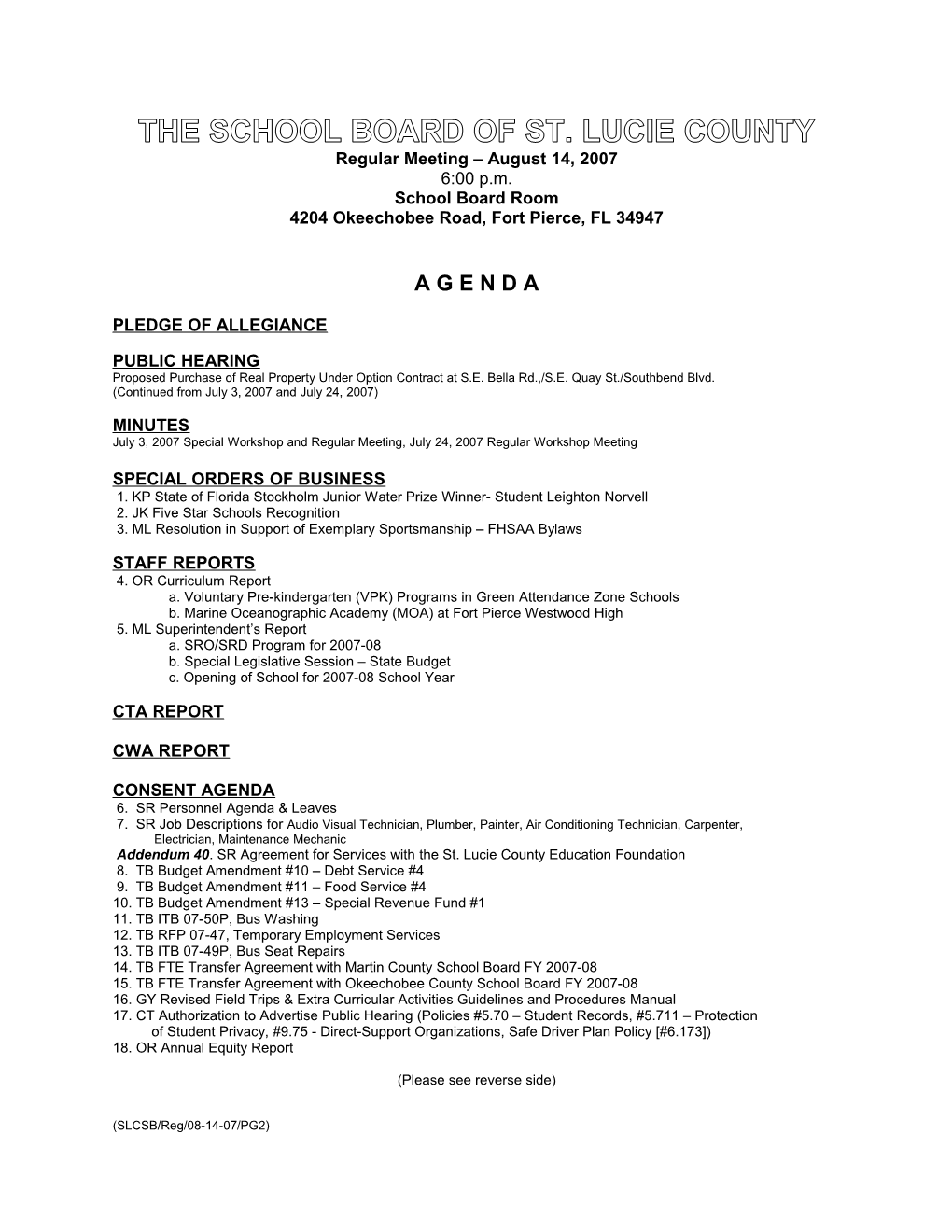 08-14-07 SLCSB Regular Meeting Agenda