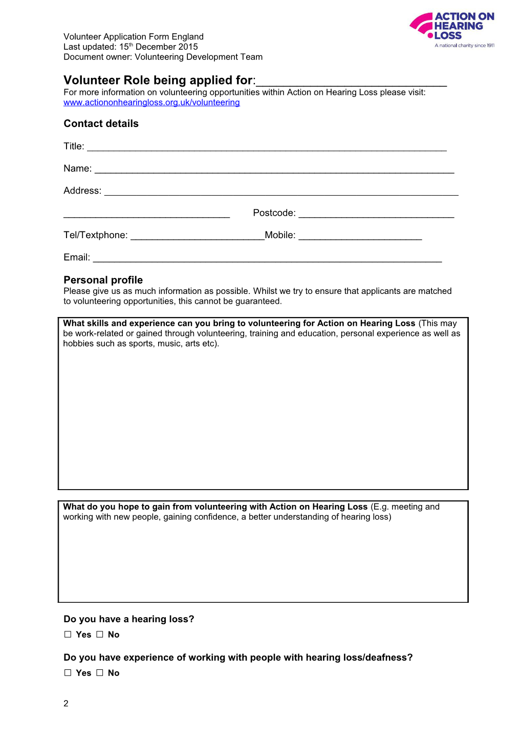 Volunteer Application Form England