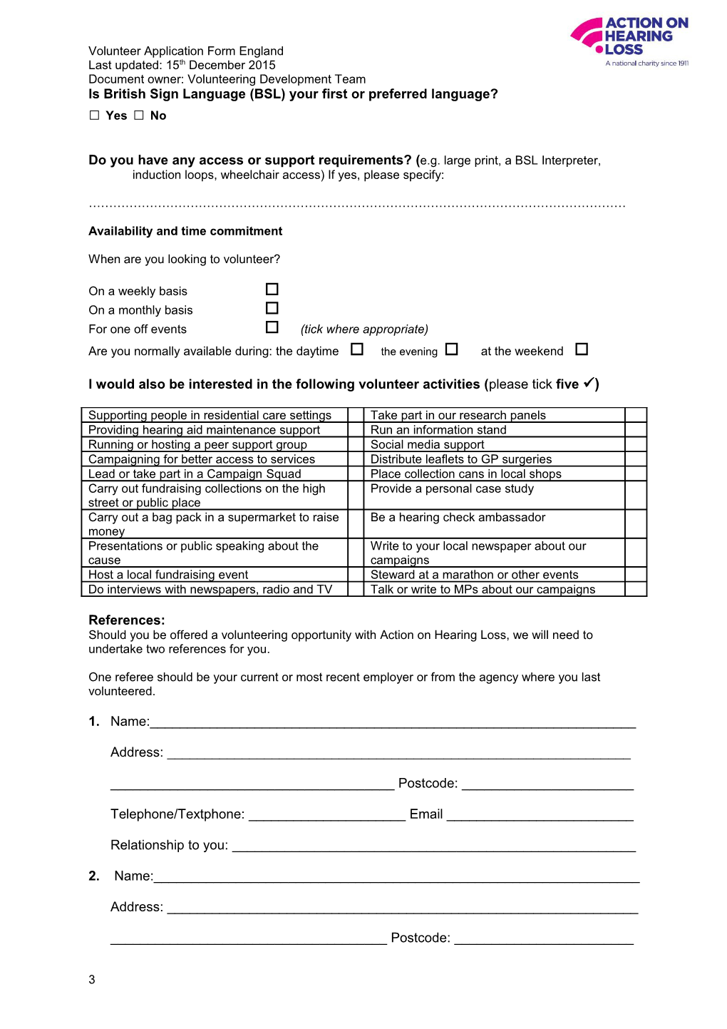Volunteer Application Form England