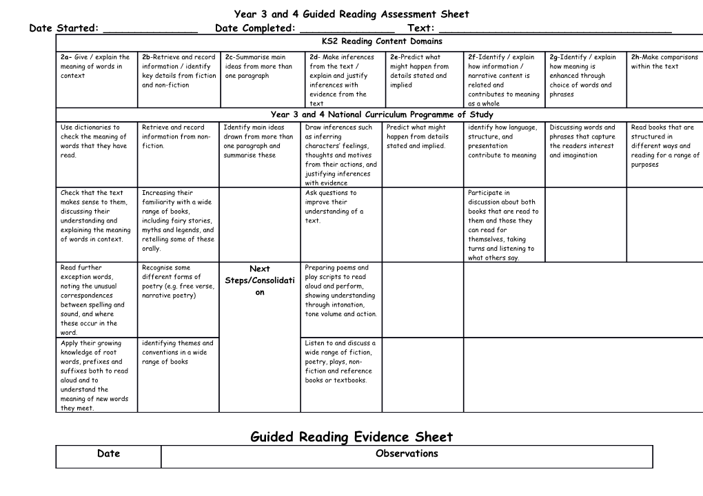 Year 3 and 4 Guided Reading Assessment Sheet