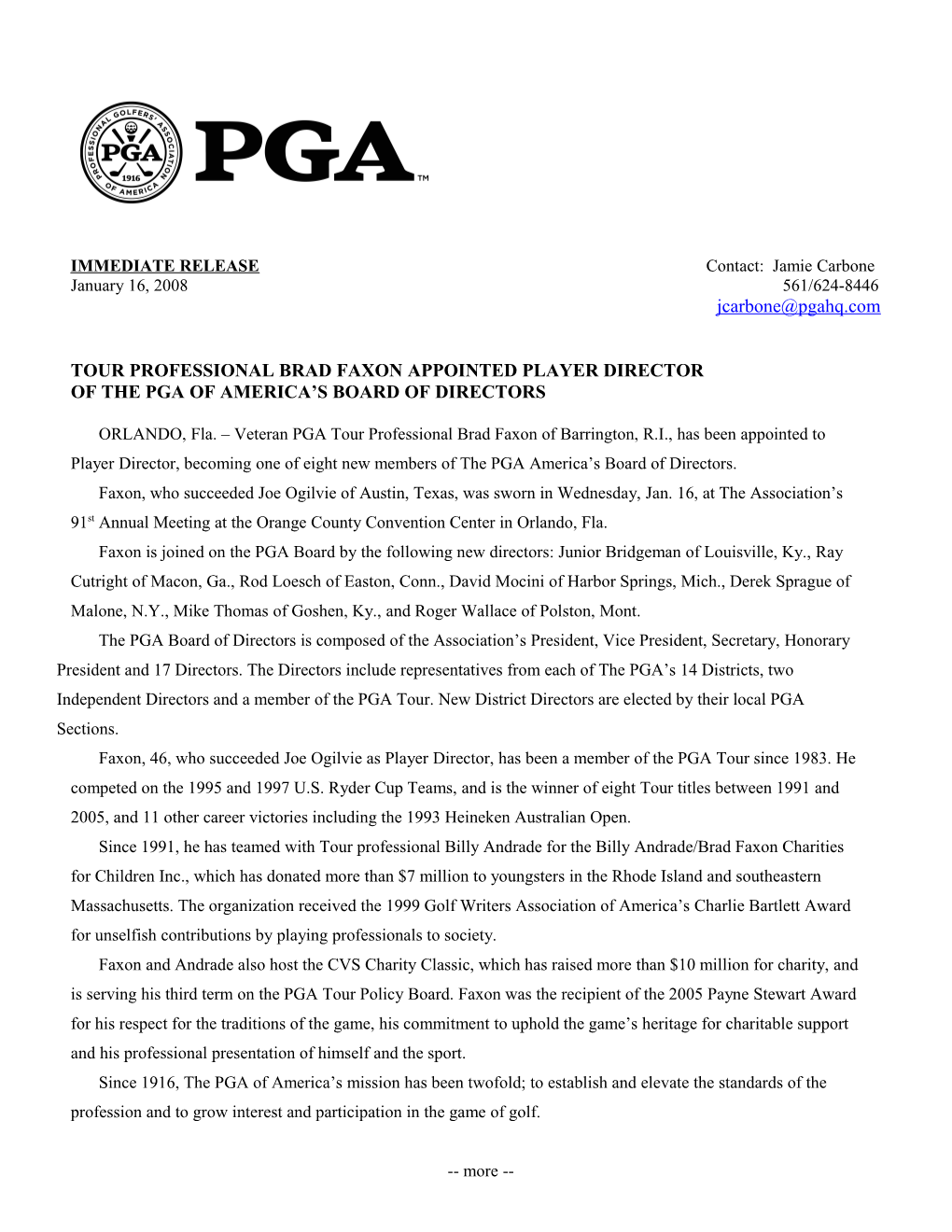 Tour Professional Brad Faxon Appointed Player Director