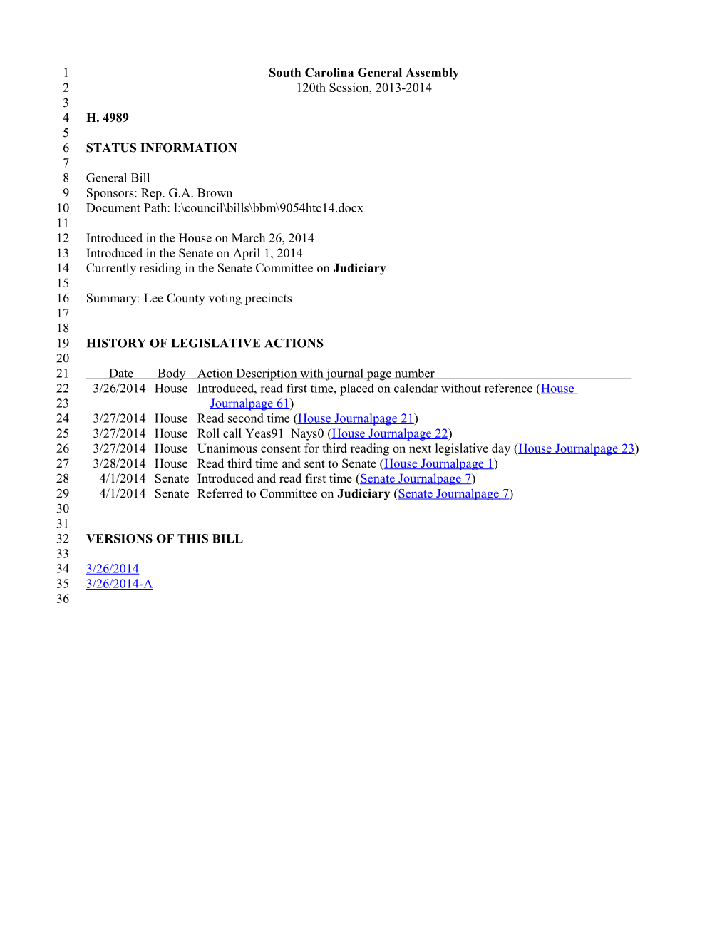 2013-2014 Bill 4989: Lee County Voting Precincts - South Carolina Legislature Online