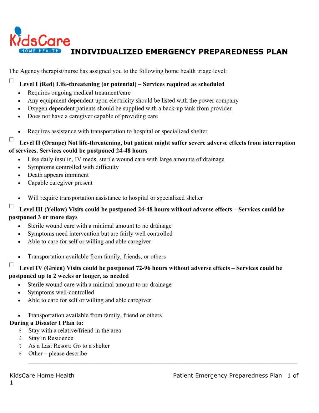 Individualized Emergency Preparedness Plan