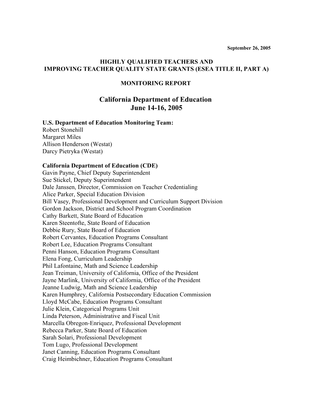 2005 California Monitoring Report: Highly Qualified Teachers and ESEA Title II, Part a (MS Word)