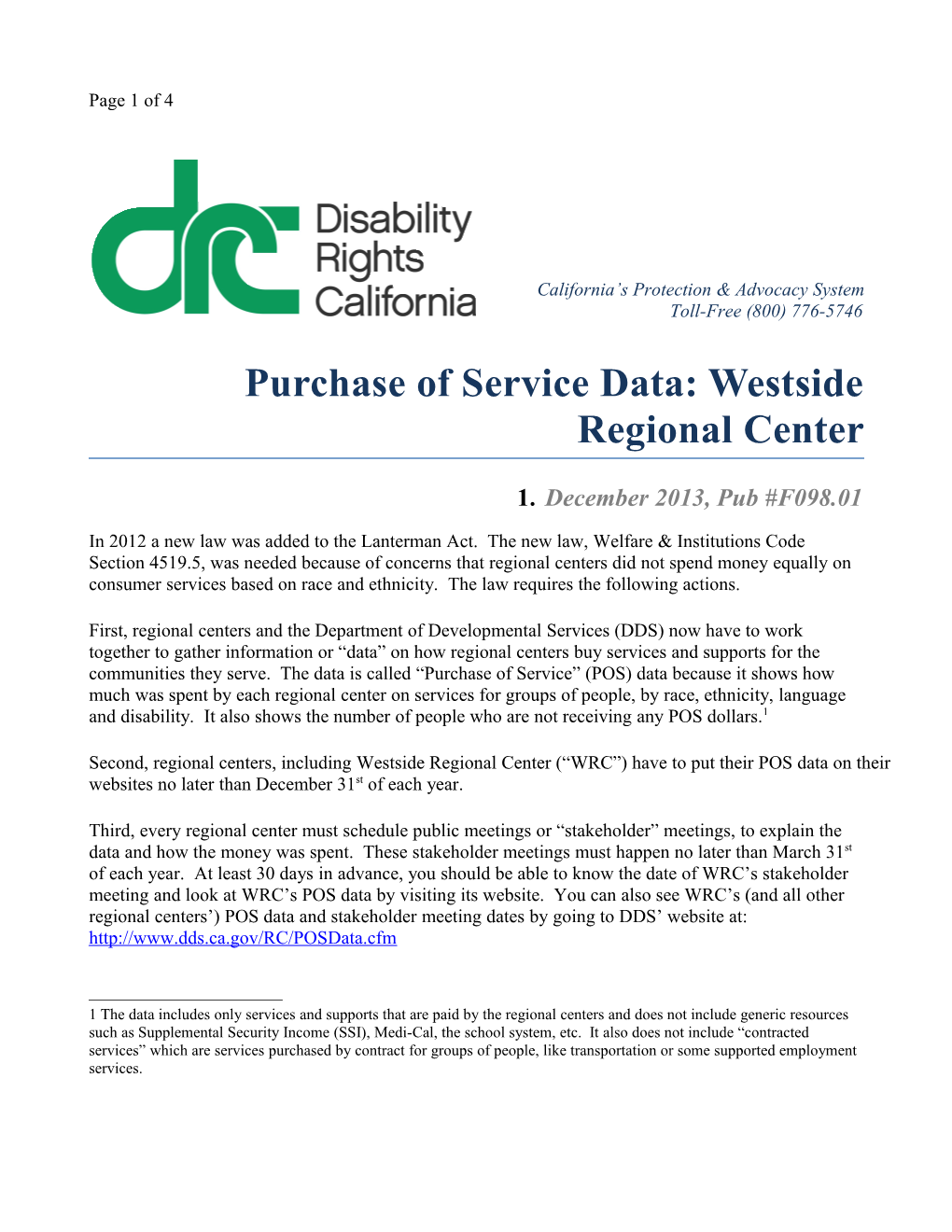 Purchase of Service Data: Westside Regional Center