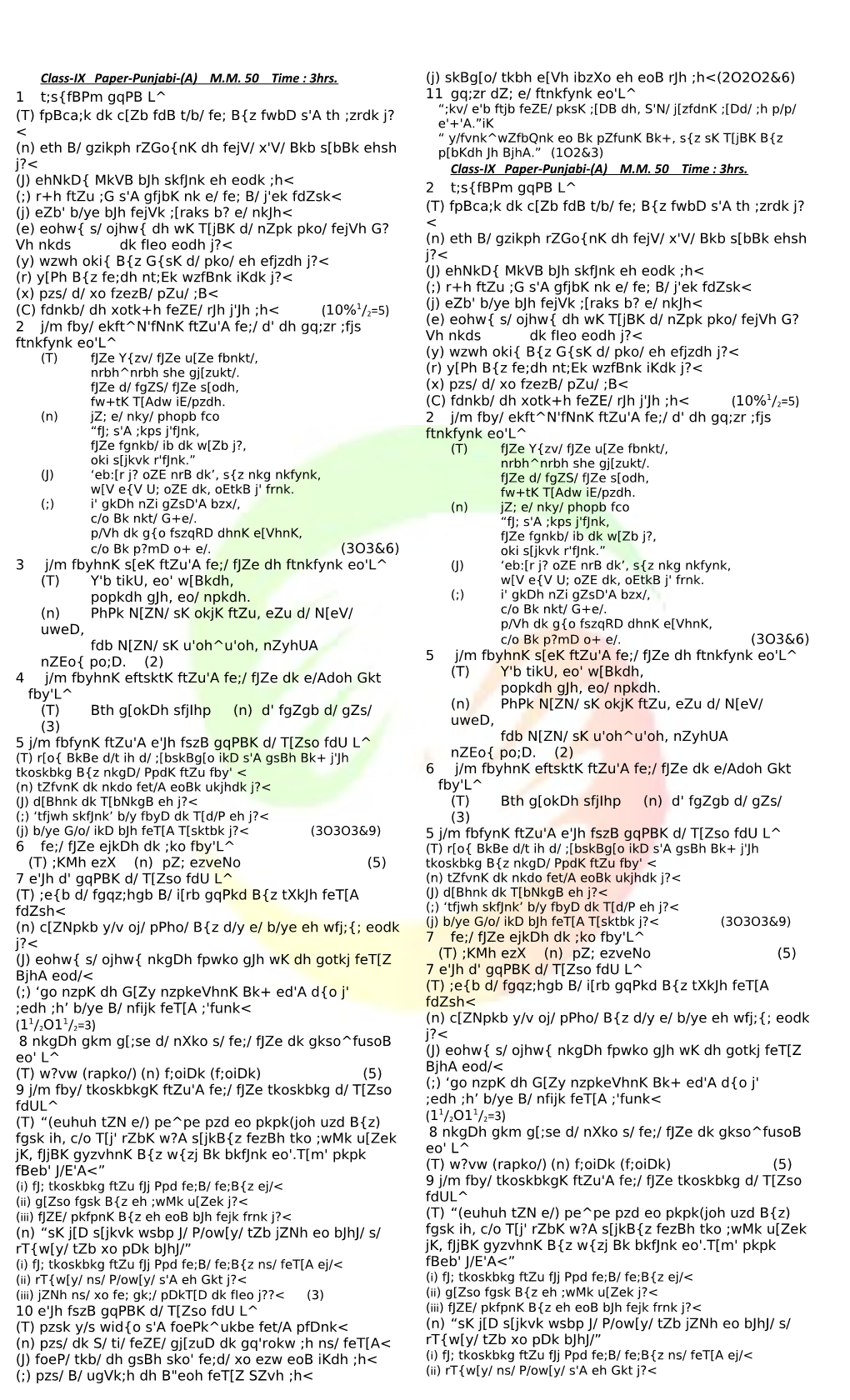 Class-IX Paper-Punjabi-(A) M.M. 50 Time : 3Hrs