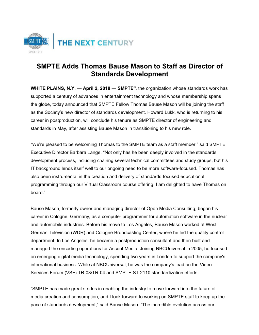 SMPTE Adds Thomas Bause Mason to Staff As Director of Standards Development