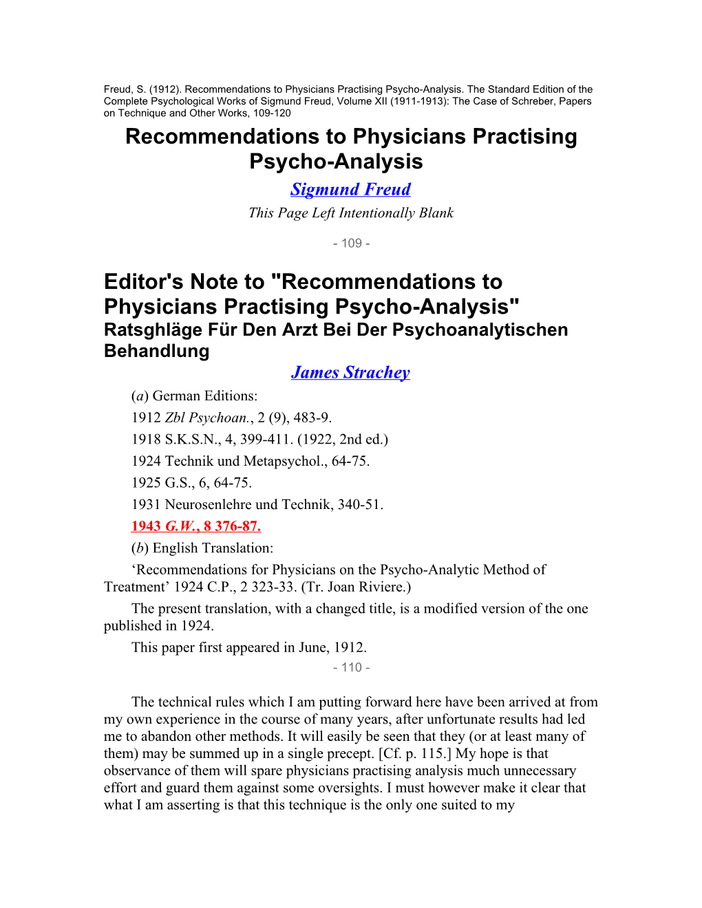 Recommendations to Physicians Practising Psycho-Analysis