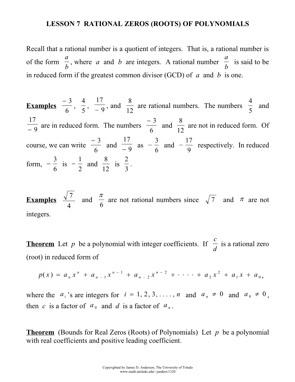 Lesson 7 Rational Zeros (Roots) of Polynomials