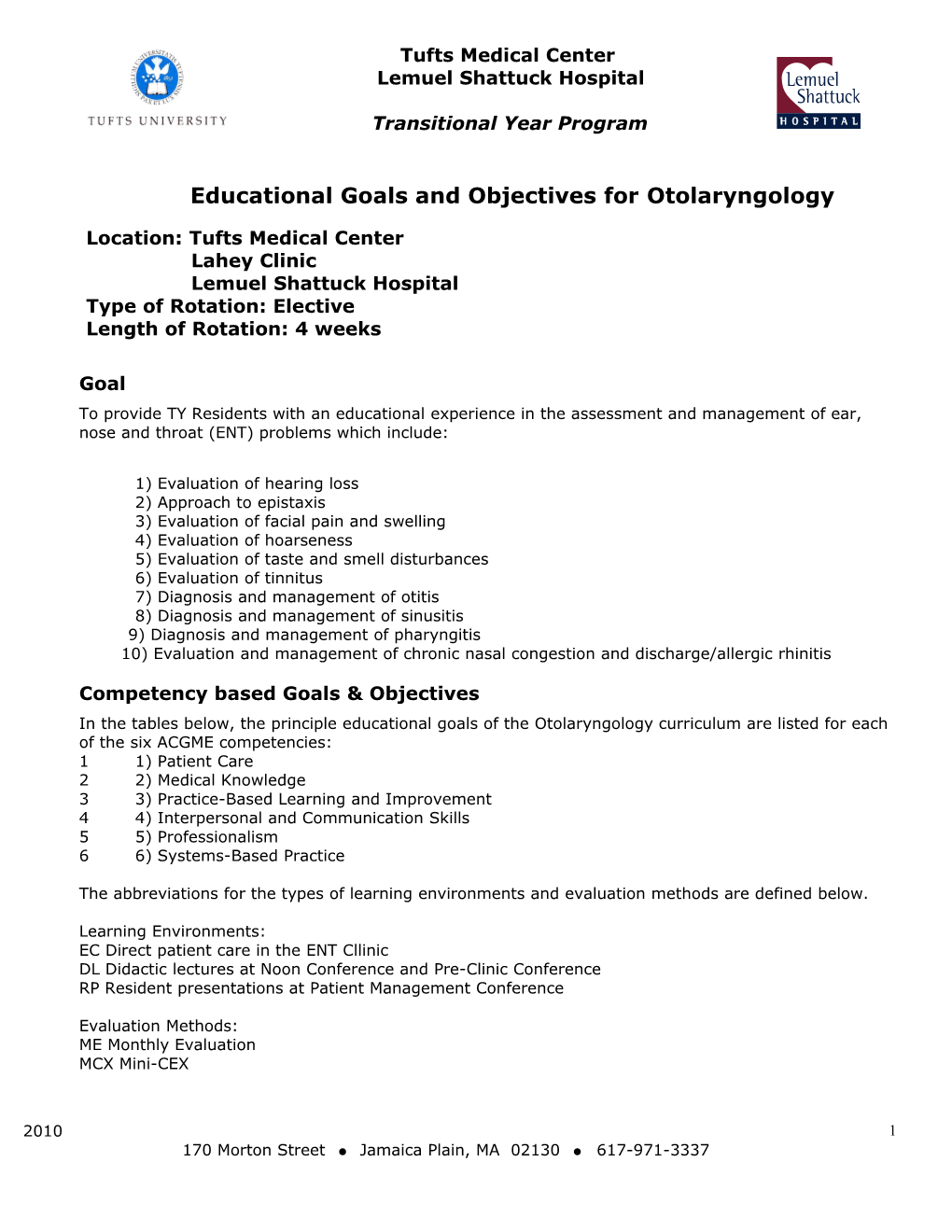 Educational Goals and Objectives for Otolaryngology